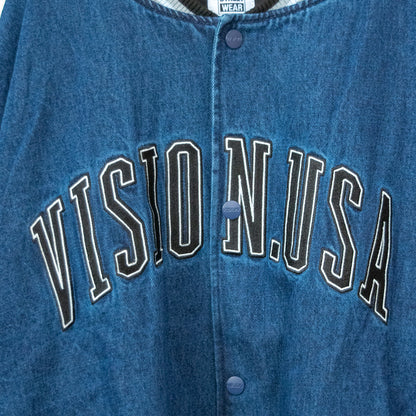 VISION STREET WEAR カレッジロゴ刺繍 デニムスタジアムジャケット BLUE