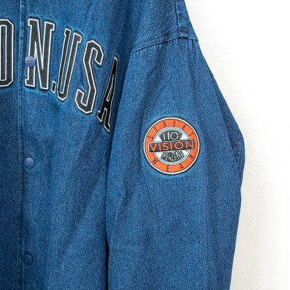 VISION STREET WEAR カレッジロゴ刺繍 デニムスタジアムジャケット BLUE