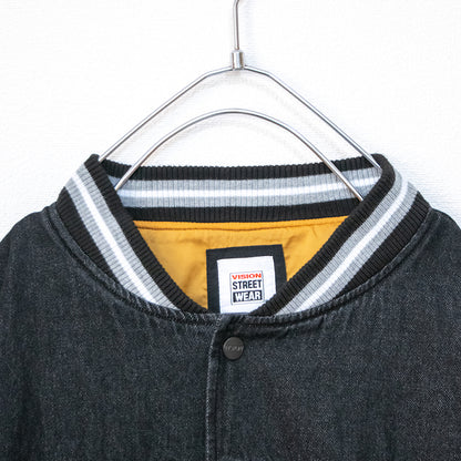 VISION STREET WEAR カレッジロゴ刺繍 デニムスタジアムジャケット BLACK