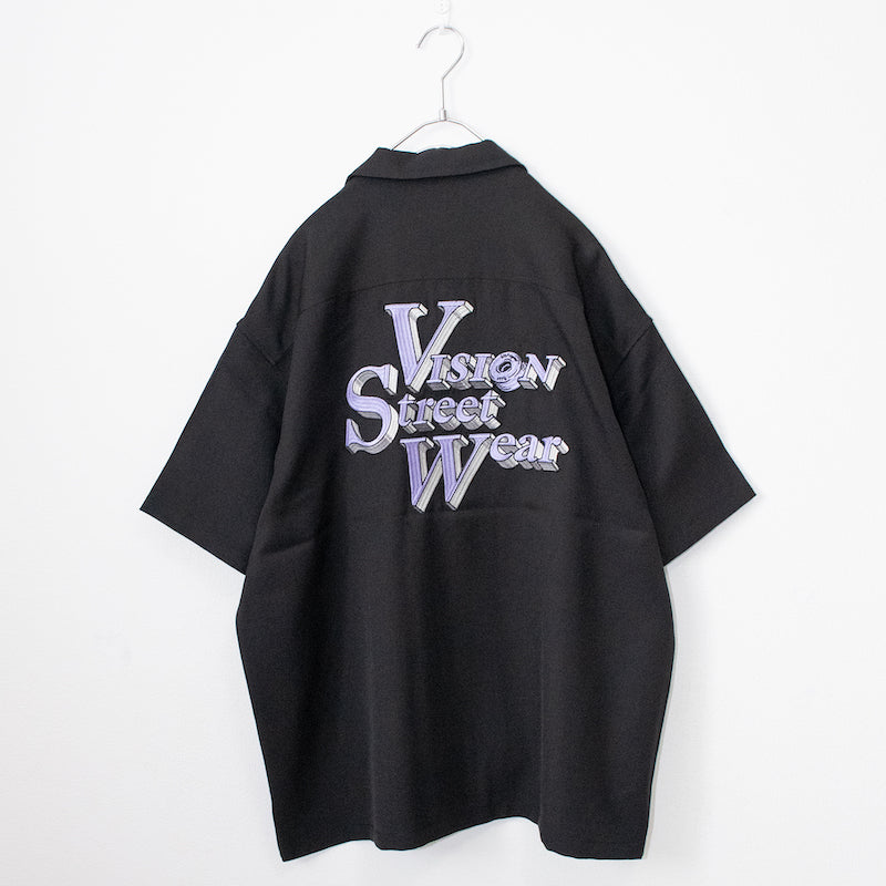VISION STREET WEAR Logo Embroidered Open Collar Shirt BLACK