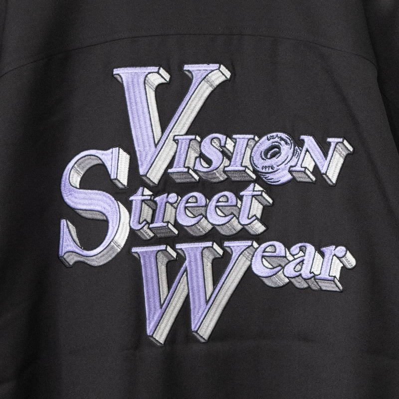 VISION STREET WEAR Logo Embroidered Open Collar Shirt BLACK
