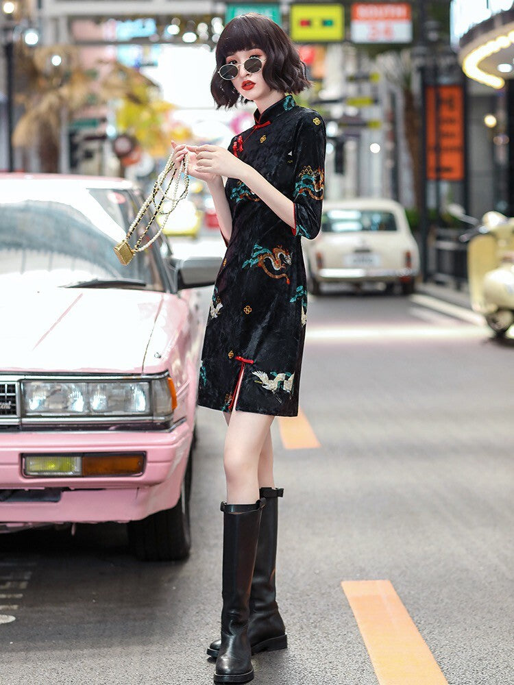 China Dragon Allover Velvet Mini Dress - YOUAREMYPOISON