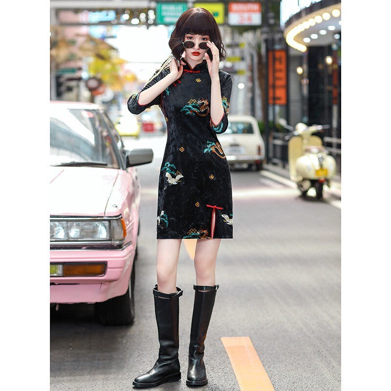 China Dragon Allover Velvet Mini Dress - YOUAREMYPOISON