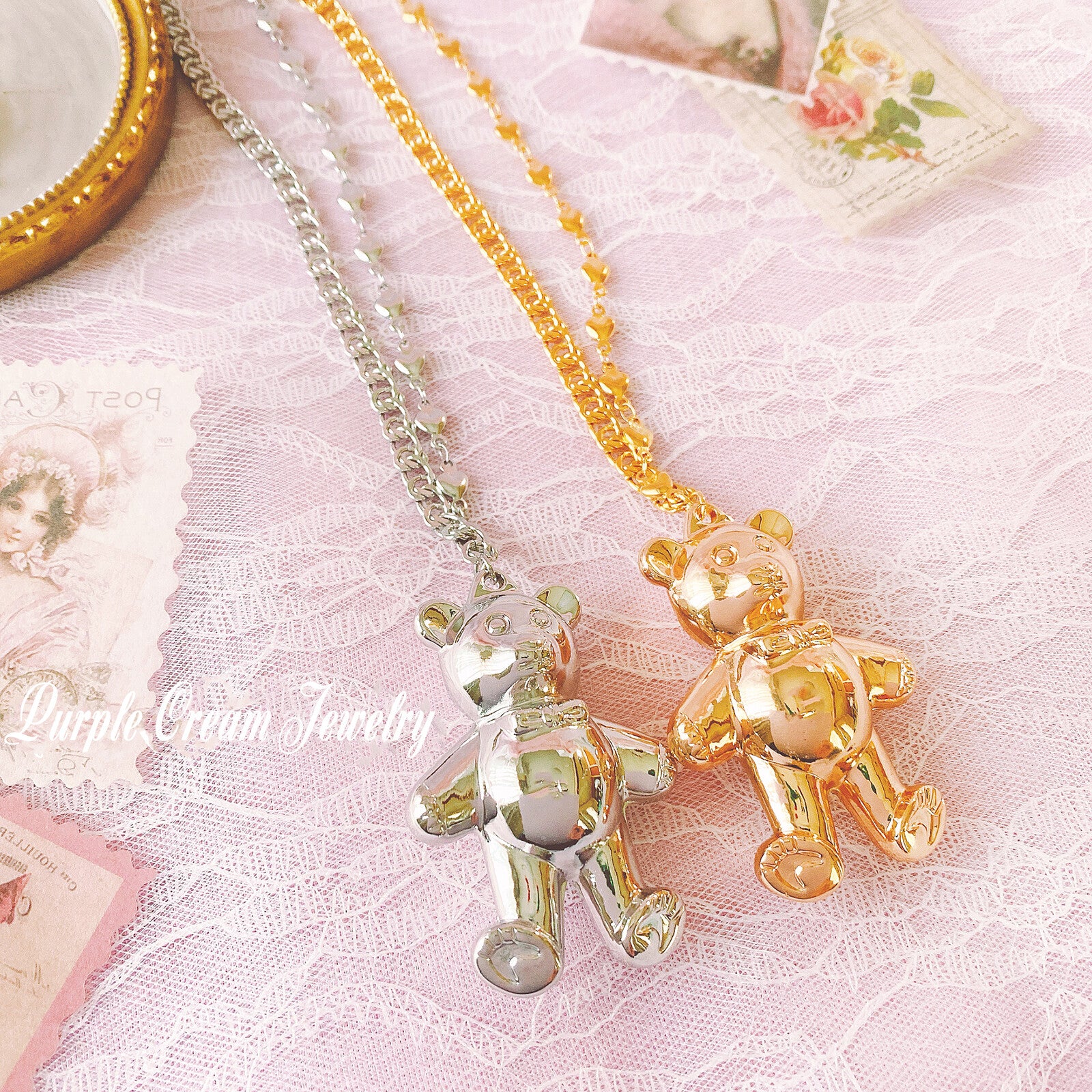 Purple Cream Big Teddy Bear Asymmetry Chain Necklace - YOUAREMYPOISON