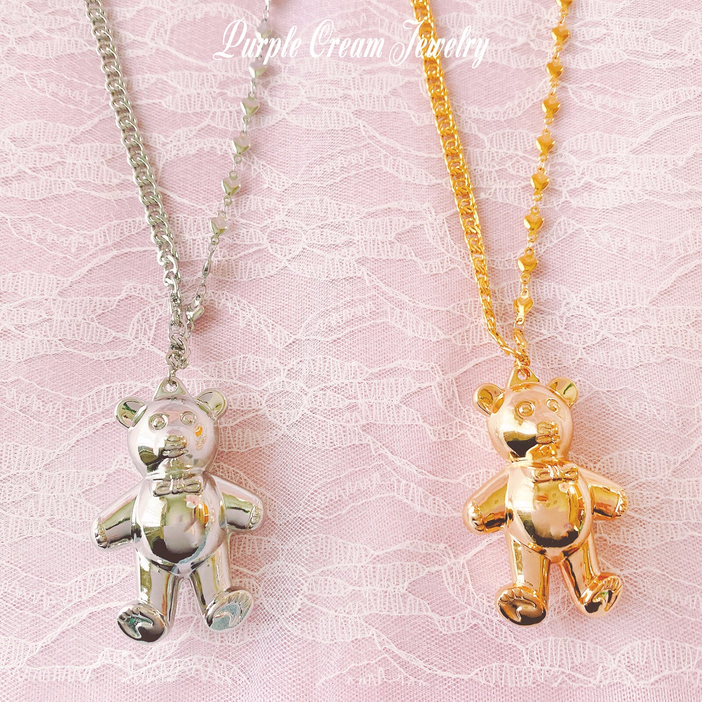 Purple Cream Big Teddy Bear Asymmetry Chain Necklace - YOUAREMYPOISON