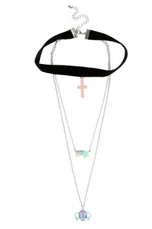 PASTEL CROSS RAINBOW & PLANET LAYERED NECKLACE - YOUAREMYPOISON