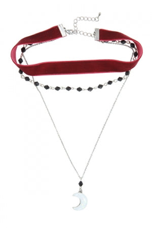 BURGUNDY SUEDE CHOKER & MOON LAYERED NECKLACE - YOUAREMYPOISON