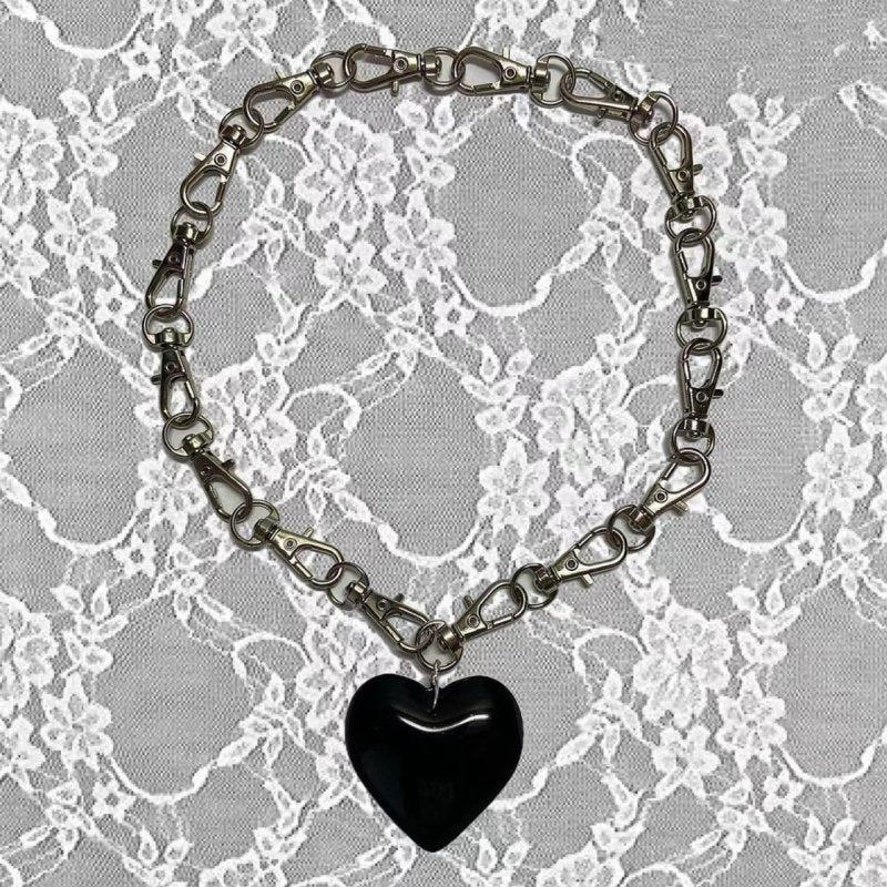 BIG Black Heart Motef Clip Chain Necklace Silver Black