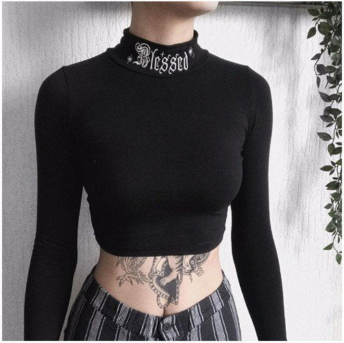 BLESSED Bottle Neck Crop Embroidery Long Sleeve T BLACK