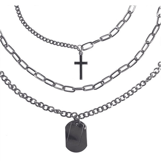 Dog Tag Cross Chain Necklace Set Silver