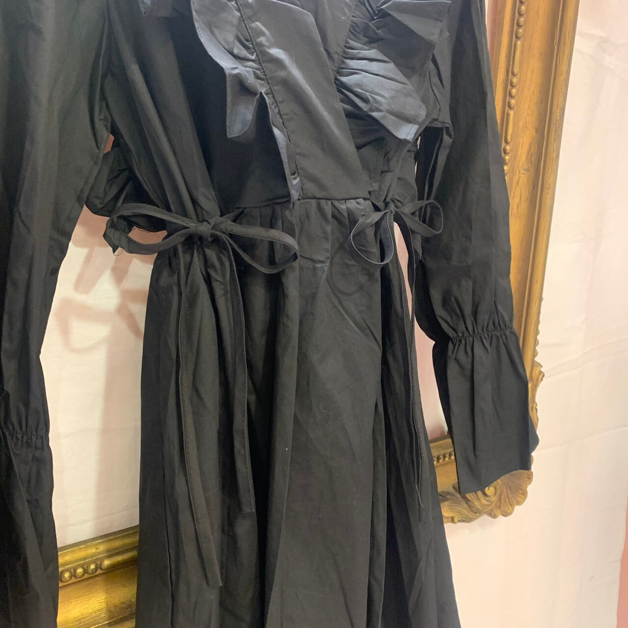 V-Neck Frill Side Ribbon Dress Black - YOUAREMYPOISON