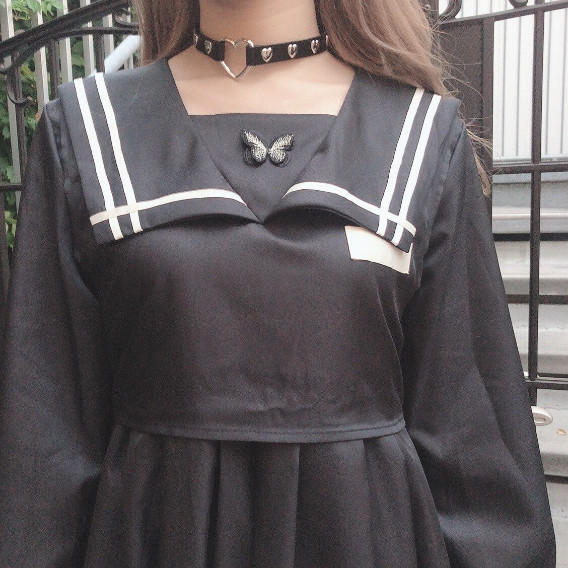 Butterfly Patch Sailor Dress Black - YOUAREMYPOISON