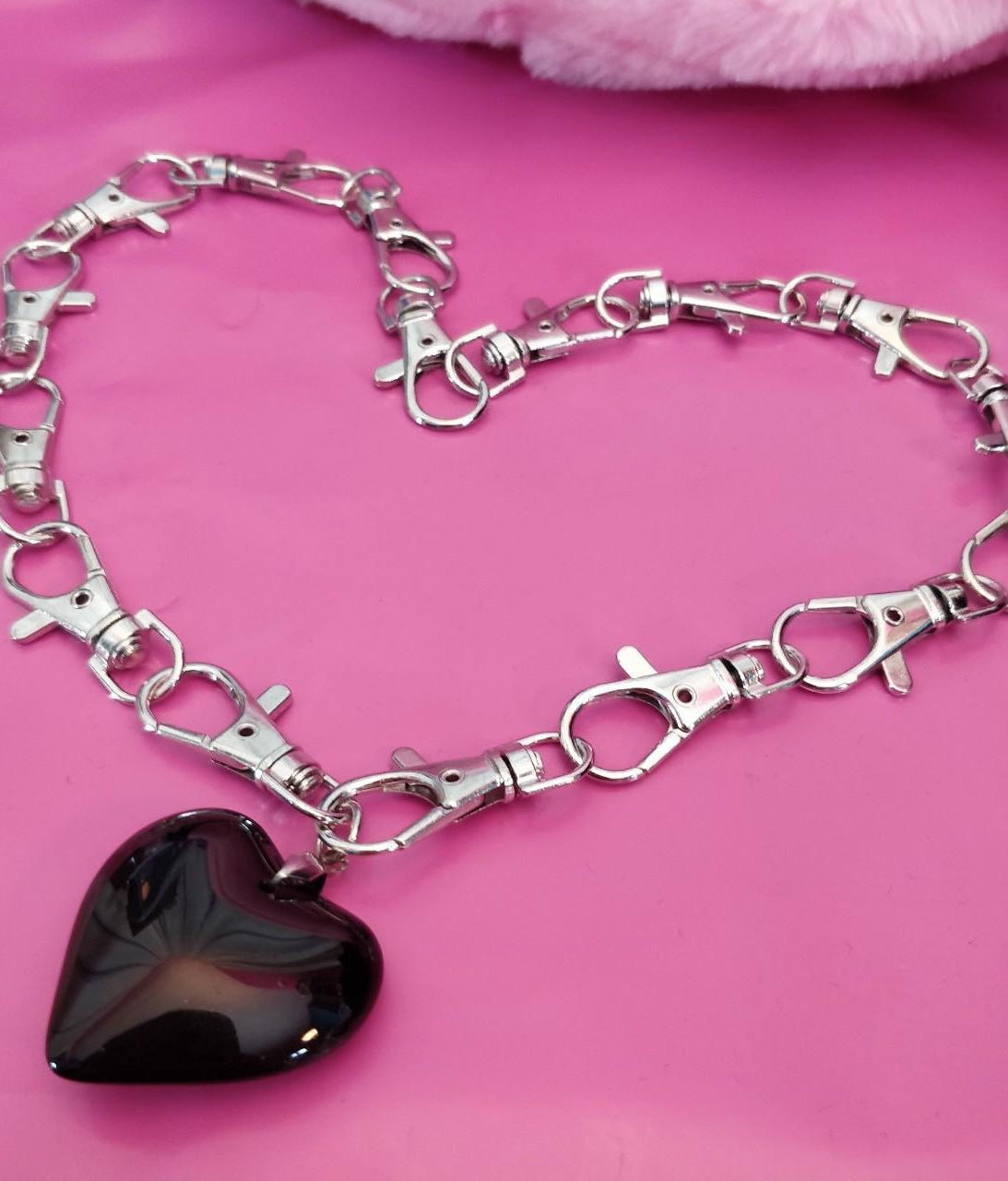 BIG Black Heart Motef Clip Chain Necklace Silver Black