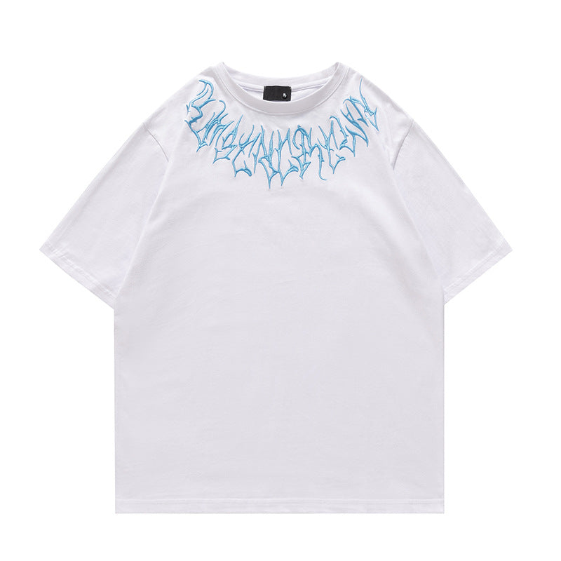 Blue logo embroidery short sleeve T-shirt Black White
