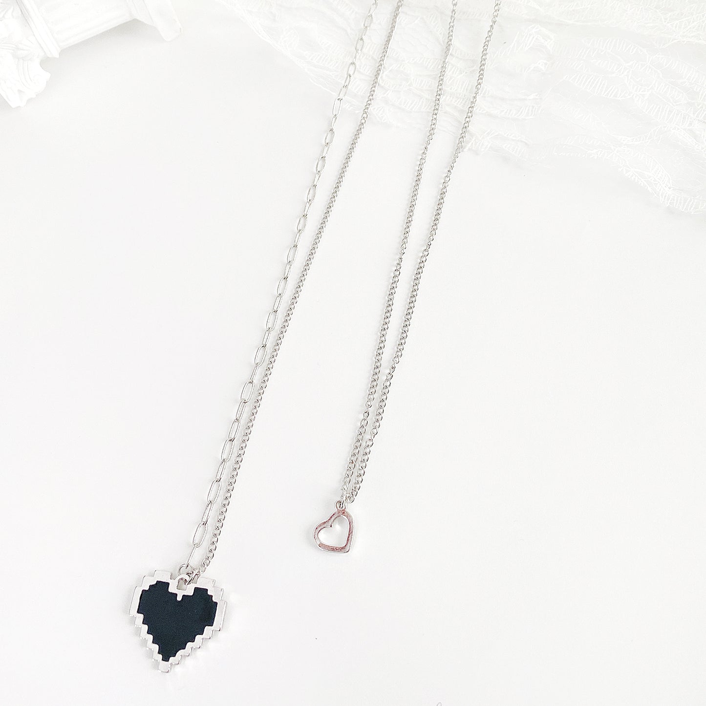 8bit Heart Double Chain Necklace Silver
