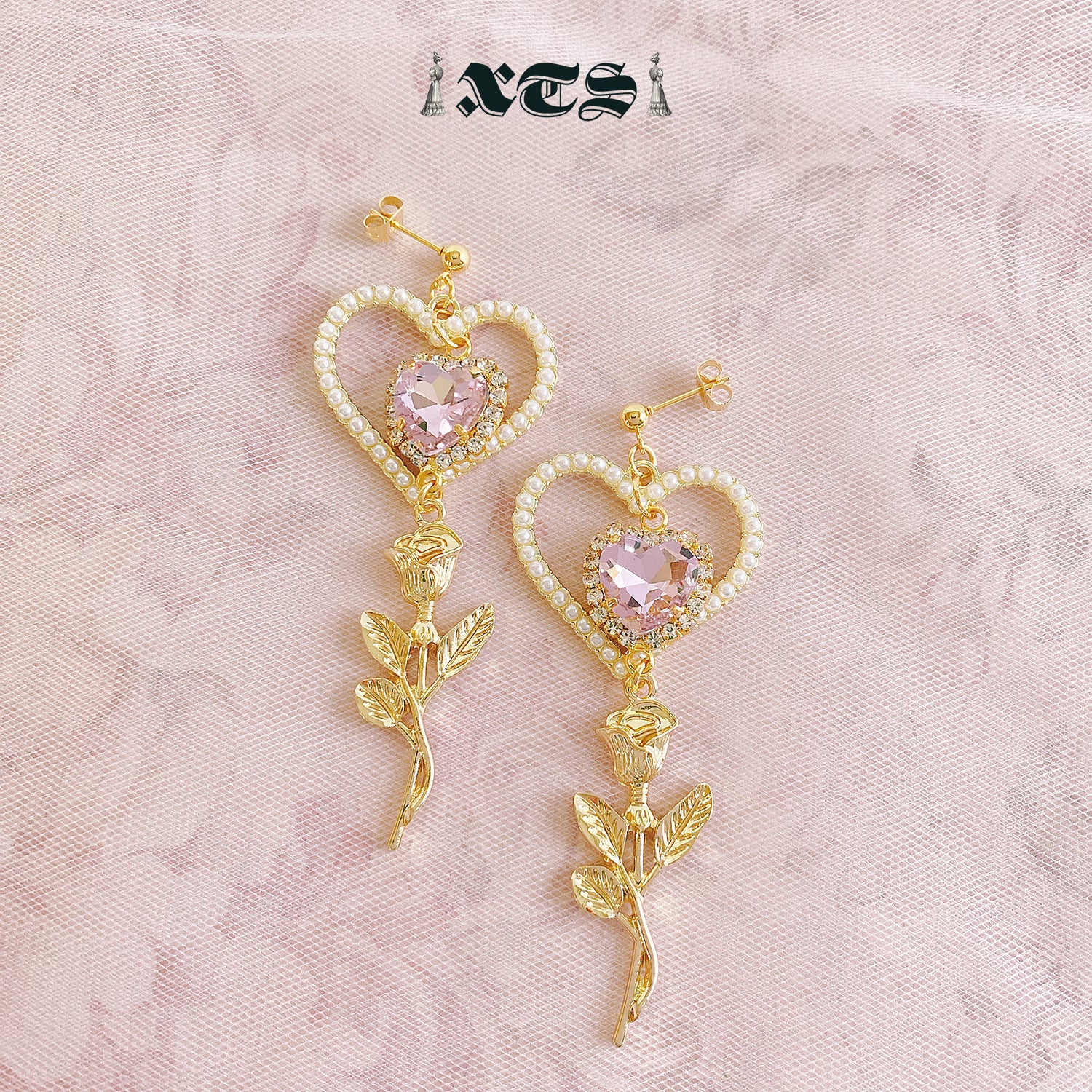 XTS Pink Heart Rose Earrings Pierce - YOUAREMYPOISON