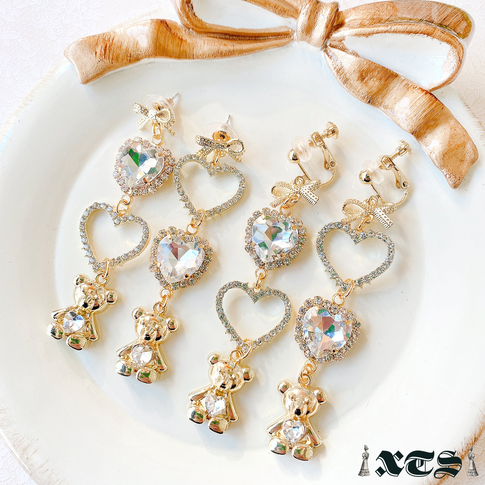 XTS Clear Heart & Bear Earrings - YOUAREMYPOISON