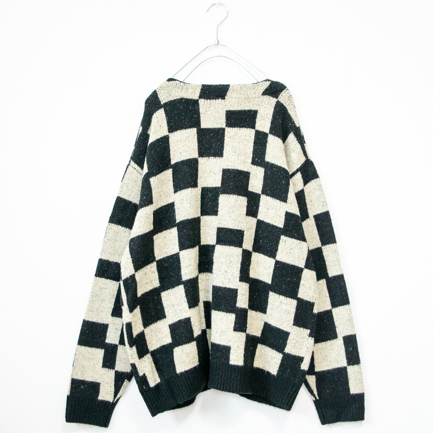 Checker shaggy block knit cardigan