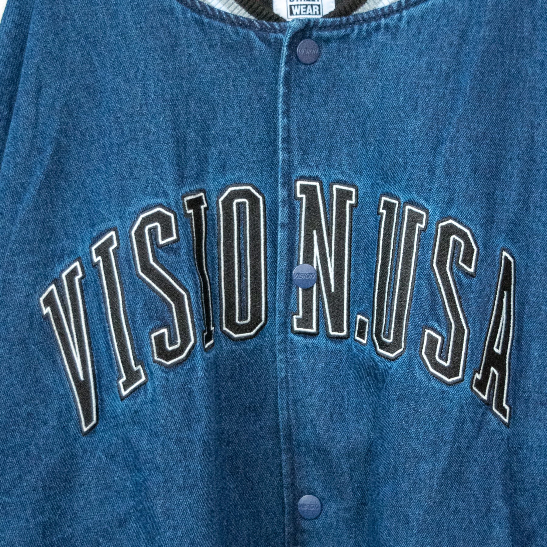 VISION STREET WEAR College Logo Embroidery Denim Stadium Jacket - YOUAREMYPOISON